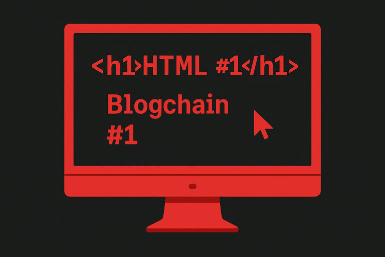 Roter Monitor mit dem Beitrag Titel und Blockhain #1 in dem Desktopbereich.