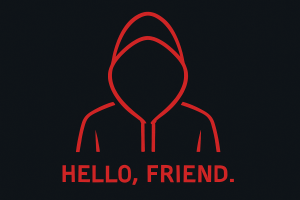 Roter Hoodie mit aufgezogener Kapuze von Vorne mit dem Text: Hello, Friend.