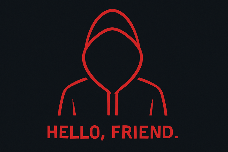 Roter Hoodie mit aufgezogener Kapuze von Vorne mit dem Text: Hello, Friend.