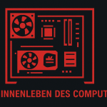 Roter PC Tower mit geöffneter Seitenwand mit sichtbaren Komponenten mit dem Text: Das Innenleben des Computers