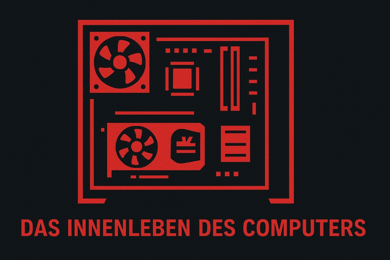 Roter PC Tower mit geöffneter Seitenwand mit sichtbaren Komponenten mit dem Text: Das Innenleben des Computers