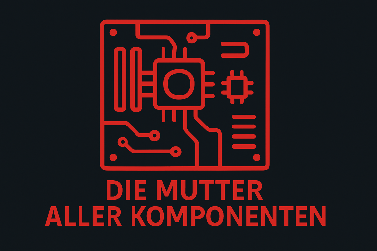 Rote Illustration eines Mainboards mit dem Text: Die Mutter aller Komponenten