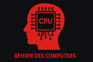 Roter Kopf mit Prozessor implementiert mit darunter stehenden Text: Gehirn des Computers
