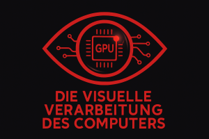 Rotes Auge mit Mikrochip als Iris mit dem Text: Die visuelle Verarbeitung des Computers