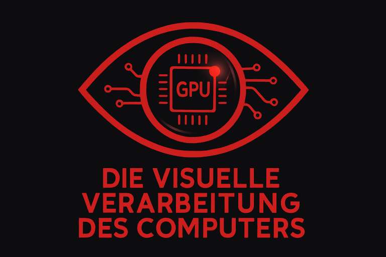 Rotes Auge mit Mikrochip als Iris mit dem Text: Die visuelle Verarbeitung des Computers
